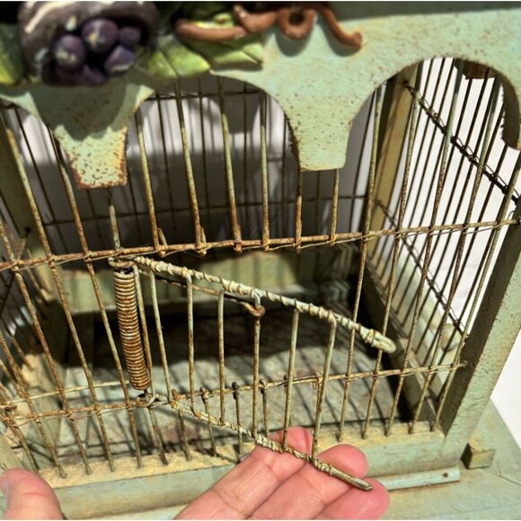Victorias Vintage And Antiques Metal Wood Grapes Design Bird Cage Light Green OS - Picture 13 of 14